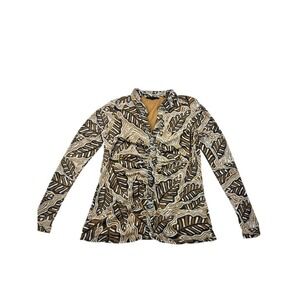 Jane & Delancey Brown Leaf Print Sheer Blouse Women's Medium Ruched Button Down